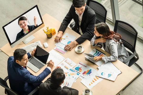 Grupo Chamadas Vídeo Reunião Empresários Local Trabalho Virtual Escritório Remoto — Fotografia de Stock