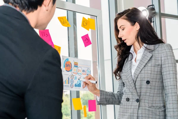 Business people work on project planning board in office and having conversation with coworker friend to analyze project development . They use sticky notes posted on glass wall to make it organized .