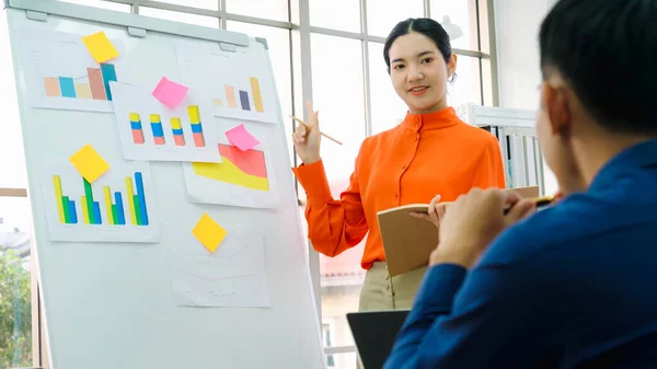 Young Woman Explains Business Data White Board Casual Office Room — Stock Photo, Image