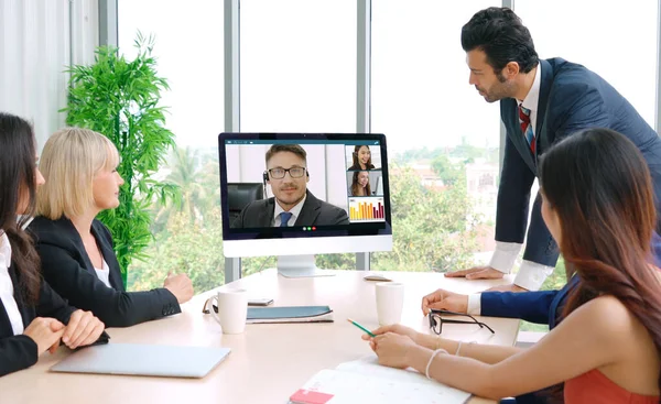 Videogesprek Groep Zakelijke Mensen Vergadering Virtuele Werkplek Afstand Kantoor Telework — Stockfoto
