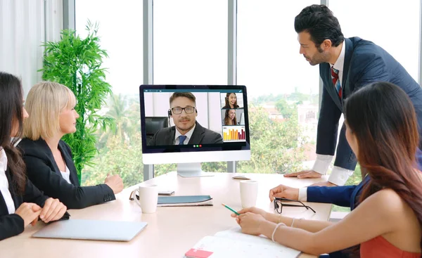 Grupo Chamadas Vídeo Reunião Empresários Local Trabalho Virtual Escritório Remoto — Fotografia de Stock