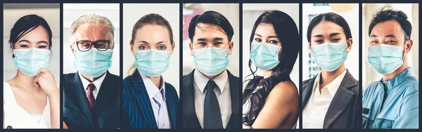 Diverse people with face mask protected from Coronavirus or COVID-19 photo set in banner concept of person fighting 2019 coronavirus disease COVID-19 pandemic outbreak.