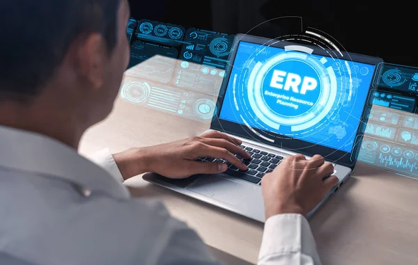 现代图形界面中业务资源计划的企业资源管理Erp软件系统展示了公司企业资源管理的未来技术 — 图库照片