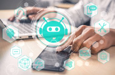 Al Chatbot akıllı dijital müşteri hizmetleri uygulaması konsepti. Yapay zeka sohbet botu otomatik mesajı kullanan bilgisayar veya mobil aygıt uygulaması müşterilere anında yardım etmek için çevrimiçi yanıt verir.