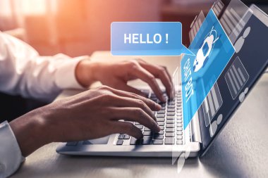 Al Chatbot akıllı dijital müşteri hizmetleri uygulaması konsepti. Yapay zeka sohbet botu otomatik mesajı kullanan bilgisayar veya mobil aygıt uygulaması müşterilere anında yardım etmek için çevrimiçi yanıt verir.