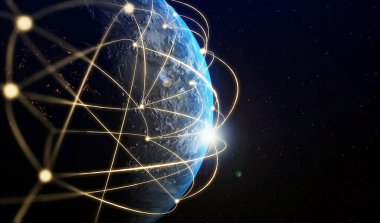 3 boyutlu illüstrasyon modern yaratıcı iletişim ve internet ağ haritası akıllı şehirde bağlanıyor. Uluslararası 5G kablosuz dijital bağlantı kavramı ve gelecekteki şeylerin interneti.