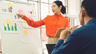 Genç bir kadın günlük ofis odasındaki beyaz tahtadaki iş verilerini açıklıyor. Kendine güvenen Asyalı işkadını, pazar stratejisini belirlemek için ortak olarak yürütülen bir iş projesinin bilgi ilerlemesini rapor etti .