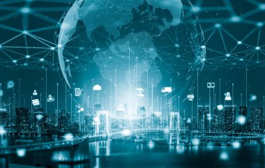 Modern yaratıcı iletişim ve internet ağı akıllı şehirde birleşir. 5G kablosuz dijital bağlantı ve gelecekteki şeylerin interneti kavramı.