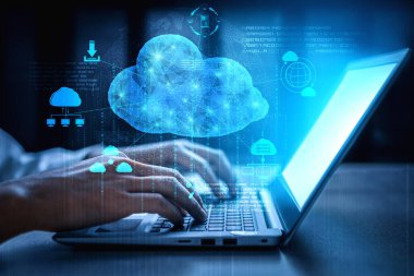 İş ağı konsepti için bulut bilgisayar teknolojisi ve çevrimiçi veri depolama. Bulut veri transferi için internet sunucu servisine bağlanan bilgisayar 3B fütüristik grafik arayüzünde sunuluyor.