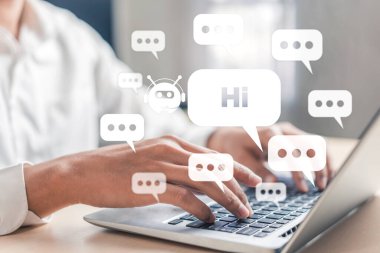 Al Chatbot akıllı dijital müşteri hizmetleri uygulaması konsepti. Yapay zeka sohbet botu otomatik mesajı kullanan bilgisayar veya mobil aygıt uygulaması müşterilere anında yardım etmek için çevrimiçi yanıt verir.