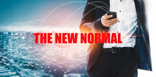 New normal concept effected by COVID 19 coronavirus that changes our lifestyle to new normal presented in style of social media banner or global news when abnormal becomes new normal .