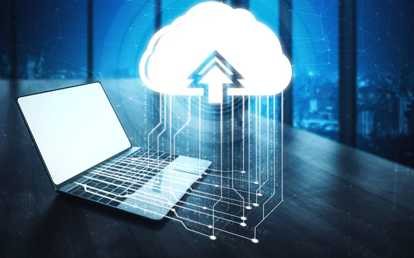 Cloud computing technology and online data storage for business network concept. Computer connects to internet server service for cloud data transfer presented in 3D futuristic graphic interface.