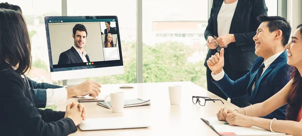 Grupo Videollamadas Gente Negocios Que Reúne Lugar Trabajo Virtual Oficina — Foto de Stock