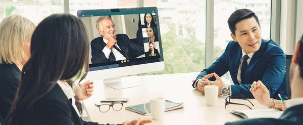 Grupo Chamadas Vídeo Reunião Empresários Local Trabalho Virtual Escritório Remoto — Fotografia de Stock