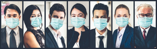 Diverse people with face mask protected from Coronavirus or COVID-19 photo set in banner concept of person fighting 2019 coronavirus disease COVID-19 pandemic outbreak.