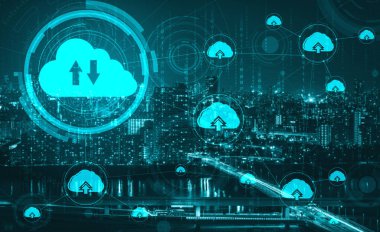 İş ağı konsepti için bulut bilgisayar teknolojisi ve çevrimiçi veri depolama. Bulut veri transferi için internet sunucu servisine bağlanan bilgisayar 3B fütüristik grafik arayüzünde sunuluyor.
