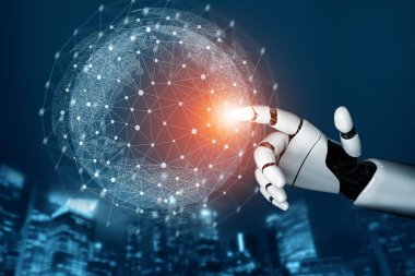 3D Rending gelecekteki robot teknolojisi geliştirme, yapay zeka yapay zeka ve makine öğrenme konsepti. İnsan hayatının geleceği için küresel robot biyonik bilim araştırması.