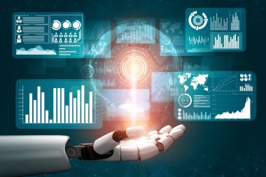 3D Rending gelecekteki robot teknolojisi geliştirme, yapay zeka yapay zeka ve makine öğrenme konsepti. İnsan hayatının geleceği için küresel robot biyonik bilim araştırması.