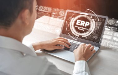 Girişim Kaynak Yönetimi ERP yazılım sistemi modern grafik arayüzünde sunulmuştur. Şirket kaynaklarını yönetmek için geleceğin teknolojisini göstermektedir..
