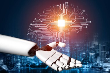 3D Rending gelecekteki robot teknolojisi geliştirme, yapay zeka yapay zeka ve makine öğrenme konsepti. İnsan hayatının geleceği için küresel robot biyonik bilim araştırması.