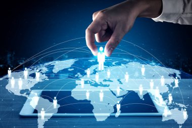 İnsan ağı, insan kaynakları ve müşteri ilişkileri yönetimi CRM iş satış pazarlama sistemi kavramı hizmet uygulamasının gelecekteki grafik arayüzü olarak sunulmuştur.