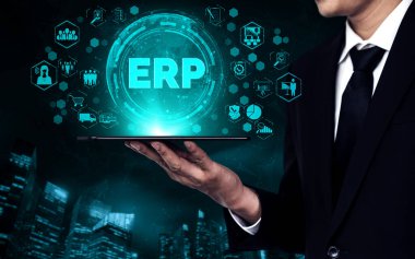 Girişim Kaynak Yönetimi ERP yazılım sistemi modern grafik arayüzünde sunulmuştur. Şirket kaynaklarını yönetmek için geleceğin teknolojisini göstermektedir..