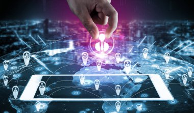 İnsan ağı, insan kaynakları ve müşteri ilişkileri yönetimi CRM iş satış pazarlama sistemi kavramı hizmet uygulamasının gelecekteki grafik arayüzü olarak sunulmuştur.