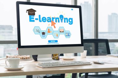 E- öğrenim ve Öğrenci ve Üniversite Konsepti Online Eğitim. Video konferansı çağrı teknolojisi öğrencilerin her yerden öğrenebileceği dijital eğitim kursları düzenliyor..