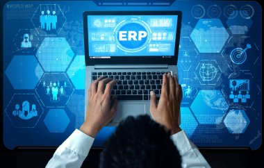 Girişim Kaynak Yönetimi ERP yazılım sistemi modern grafik arayüzünde sunulmuştur. Şirket kaynaklarını yönetmek için geleceğin teknolojisini göstermektedir..