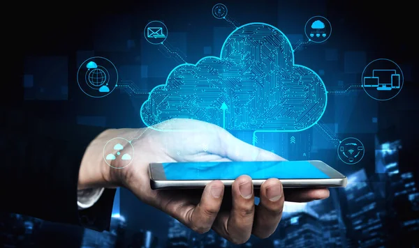 İş ağı konsepti için bulut bilgisayar teknolojisi ve çevrimiçi veri depolama. Bulut veri transferi için internet sunucu servisine bağlanan bilgisayar 3B fütüristik grafik arayüzünde sunuluyor.