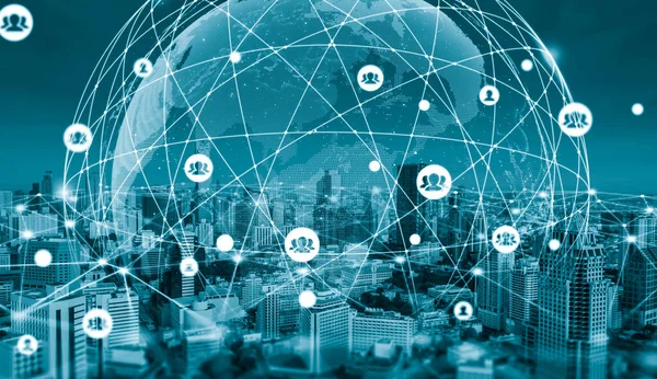 Modern Yaratıcı Iletişim Internet Ağı Akıllı Şehirde Birleşir Kablosuz Dijital — Stok fotoğraf