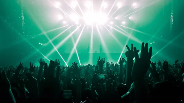 Gente Feliz Baila Concierto Fiesta Discoteca Escucha Música Electrónica Escenario — Foto de Stock