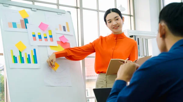 Young Woman Explains Business Data White Board Casual Office Room — Stock Photo, Image