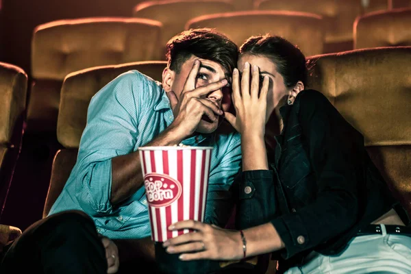 Couple Lovers Watching Movie Shock Eyes Close Movie Theater Cinema — Stock Photo, Image