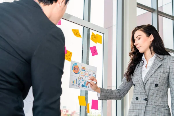 Business people work on project planning board in office and having conversation with coworker friend to analyze project development . They use sticky notes posted on glass wall to make it organized .