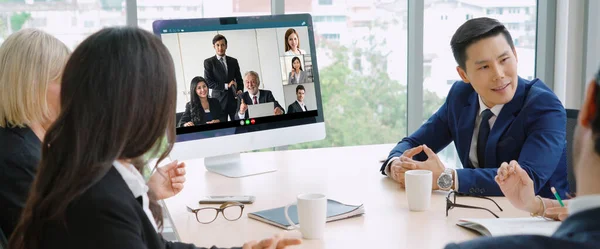 Grupo Chamadas Vídeo Reunião Empresários Local Trabalho Virtual Escritório Remoto — Fotografia de Stock