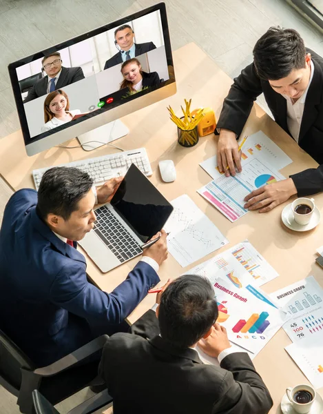 Grupo Chamadas Vídeo Reunião Empresários Local Trabalho Virtual Escritório Remoto — Fotografia de Stock