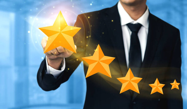 Customer review satisfaction feedback survey concept. User give rating to service experience on online application. Customer can evaluate quality of service leading to reputation ranking of business.