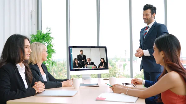 Videogesprek Groep Zakelijke Mensen Vergadering Virtuele Werkplek Afstand Kantoor Telework — Stockfoto