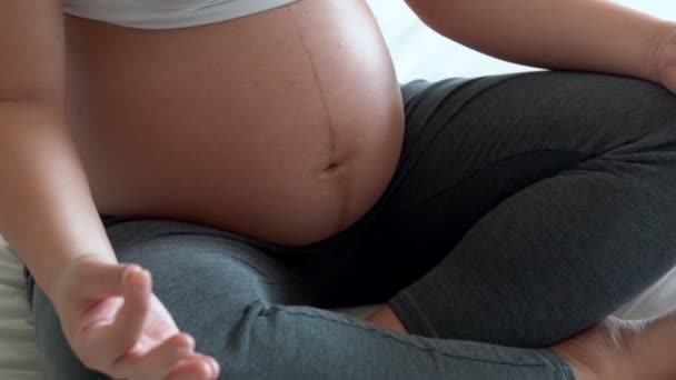 Mulher grávida feliz e esperando bebê em casa. — Vídeo de Stock