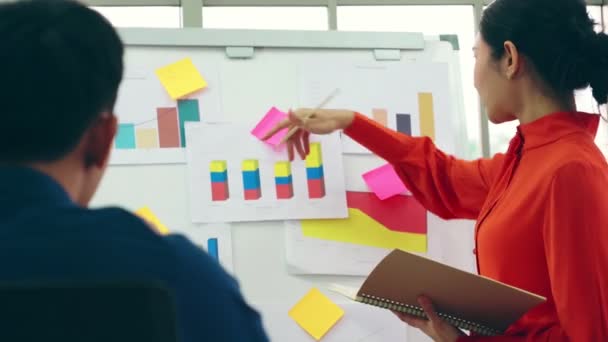 Junge Frau erklärt Geschäftsdaten auf Whiteboard — Stockvideo