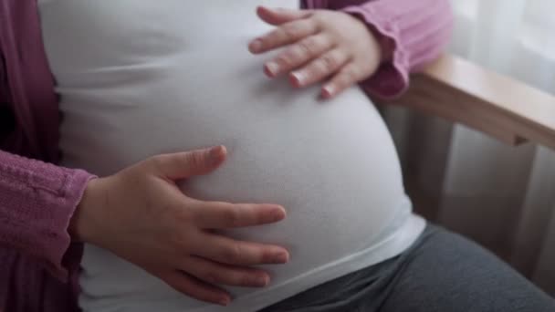 Gelukkig zwangere vrouw en verwacht baby thuis. — Stockvideo