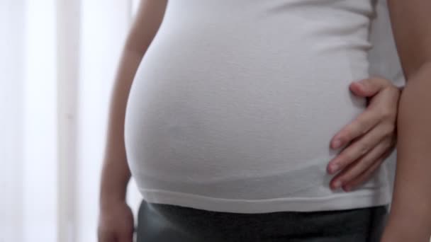 Couple enceinte se sent l'amour et se détendre à la maison. — Video