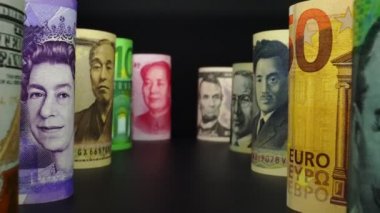 Döviz bozdurma konsepti. Birçok farklı ülkenin banknotları.