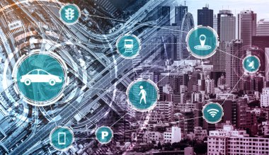 Gelecekteki araba trafiği için akıllı ulaşım teknolojisi kavramı. Sanal akıllı sistem, şehir sokaklarındaki araç verilerini birbirine bağlamak için dijital bilgi analizi yapıyor. Gelecekteki yenilik .