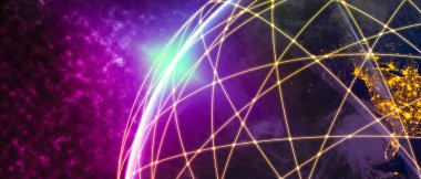 3 boyutlu illüstrasyon modern yaratıcı iletişim ve internet ağ haritası akıllı şehirde bağlanıyor. Uluslararası 5G kablosuz dijital bağlantı kavramı ve gelecekteki şeylerin interneti.