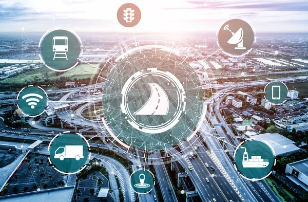 Smart transport technology concept for future car traffic on road . Virtual intelligent system makes digital information analysis to connect data of vehicle on city street . Futuristic innovation .