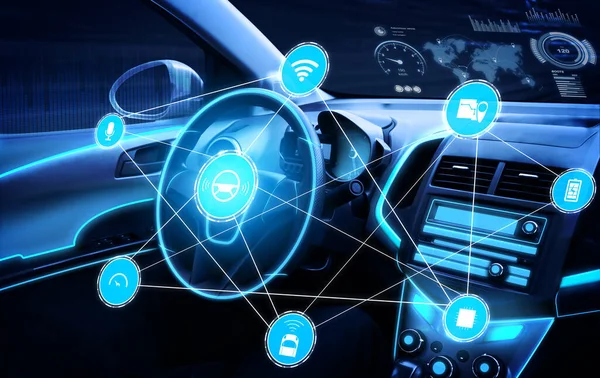 Interno Auto Senza Conducente Con Cruscotto Futuristico Sistema Controllo Autonomo — Foto Stock