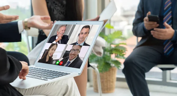 Grupo Chamadas Vídeo Reunião Empresários Local Trabalho Virtual Escritório Remoto — Fotografia de Stock