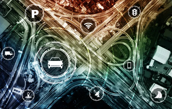 Smart transport technology concept for future car traffic on road . Virtual intelligent system makes digital information analysis to connect data of vehicle on city street . Futuristic innovation .